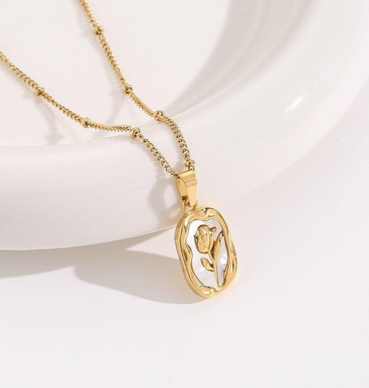 Engraved Rose Necklace with Beaded Chain