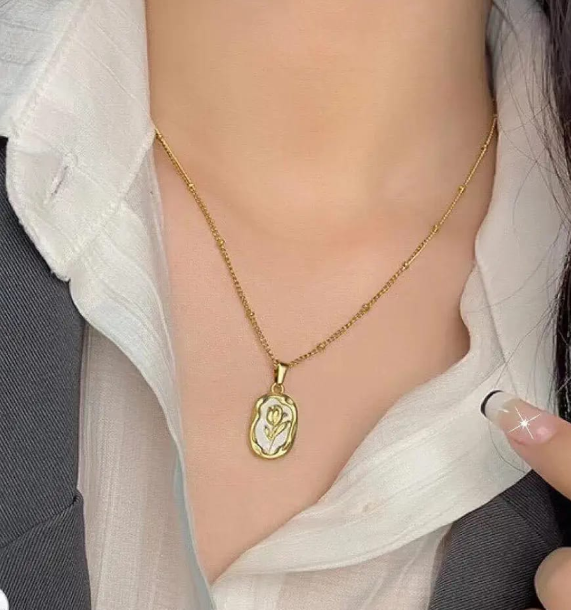 Engraved Rose Necklace with Beaded Chain